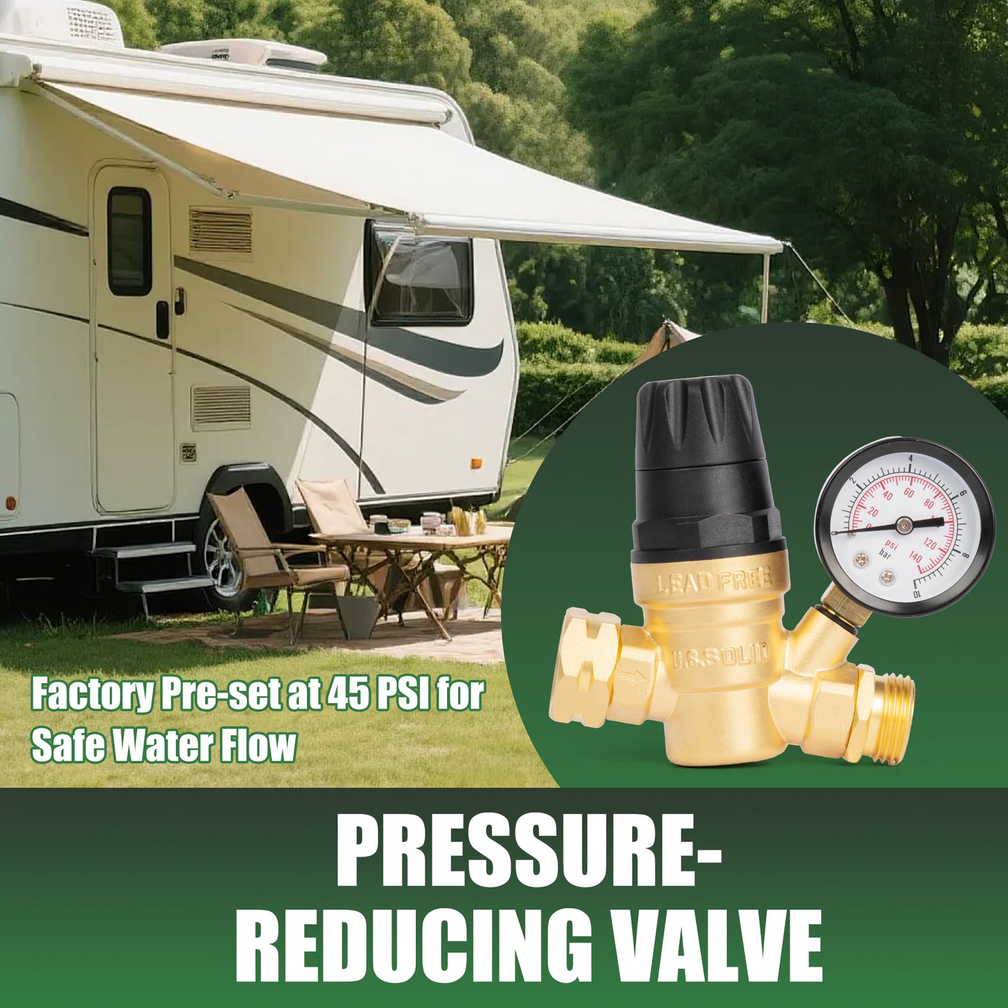 3/4" GHT RV Water Pressure Regulator - Hand Adjustable, Brass, with Gauge & Filter