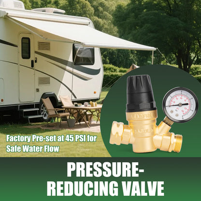 3/4" GHT RV Water Pressure Regulator - Hand Adjustable, Brass, with Gauge & Filter