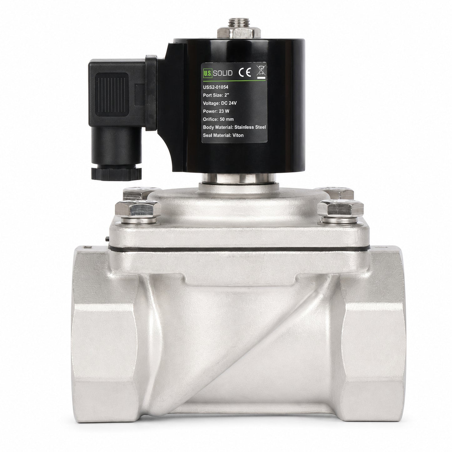 Électrovanne 2" - Acier inoxydable 24 V CC normalement fermée avec joint Viton, type boîte de jonction