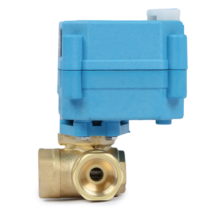 U.S. Solid 3/8" 3 Way Brass Motorized Ball Valve, 9-24V AC/DC, L Type, Standard Port, with Manual Function, IP67