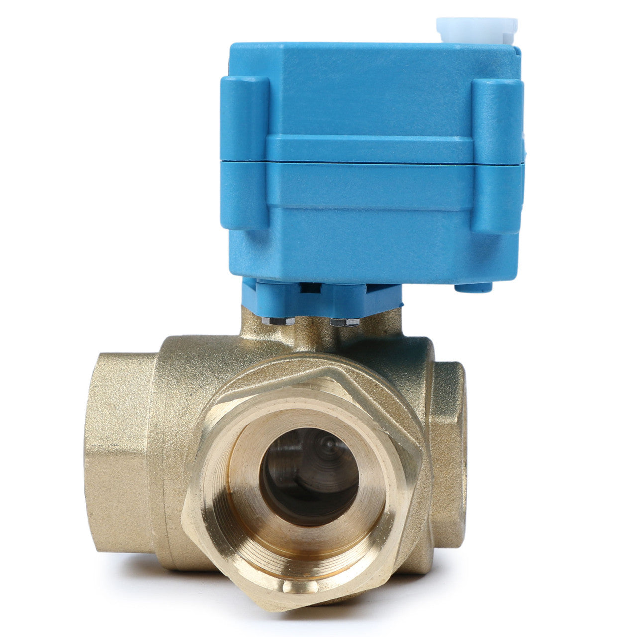 U.S. Solid 1" 3 Way Brass Motorized Ball Valve, AC110-230V, L Type, Standard Port, with Manual Function, IP67