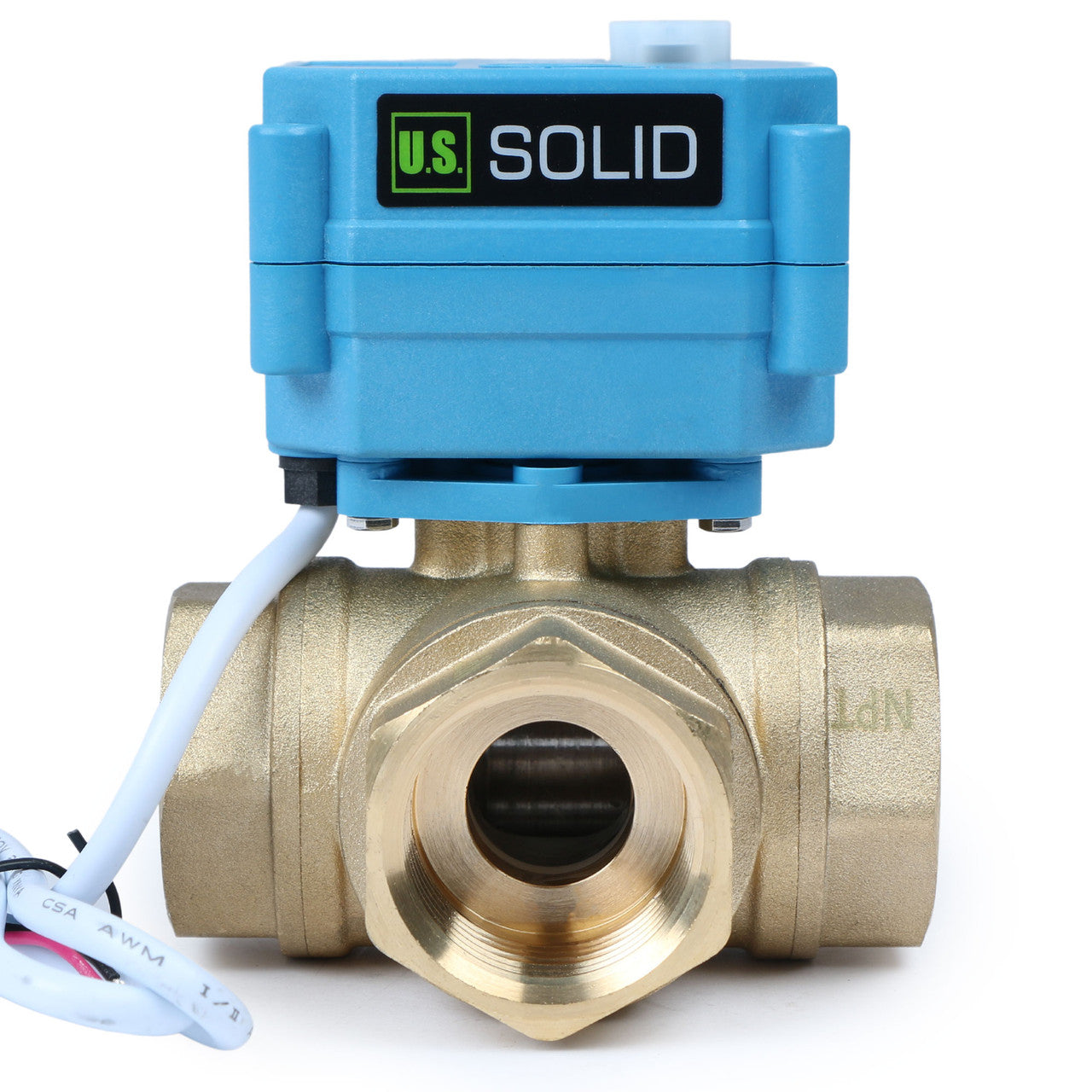 U.S. Solid 1" 3 Way Brass Motorized Ball Valve, 9-24V AC/DC, L Type, Standard Port, with Manual Function, IP67