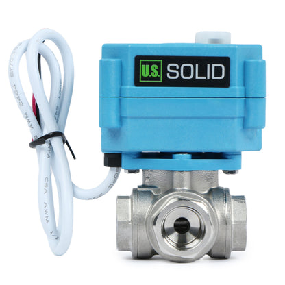 U.S. Solid 3/8" 3 Way Stainless Steel Motorized Ball Valve, 9-24V AC/DC, L Type, Standard Port, with Manual Function, IP67