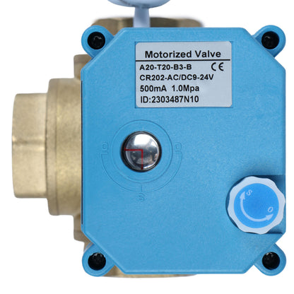 U.S. Solid 3/4" 3 Way Brass Motorized Ball Valve, 9-24V AC/DC, L Type, Standard Port, with Manual Function, IP67