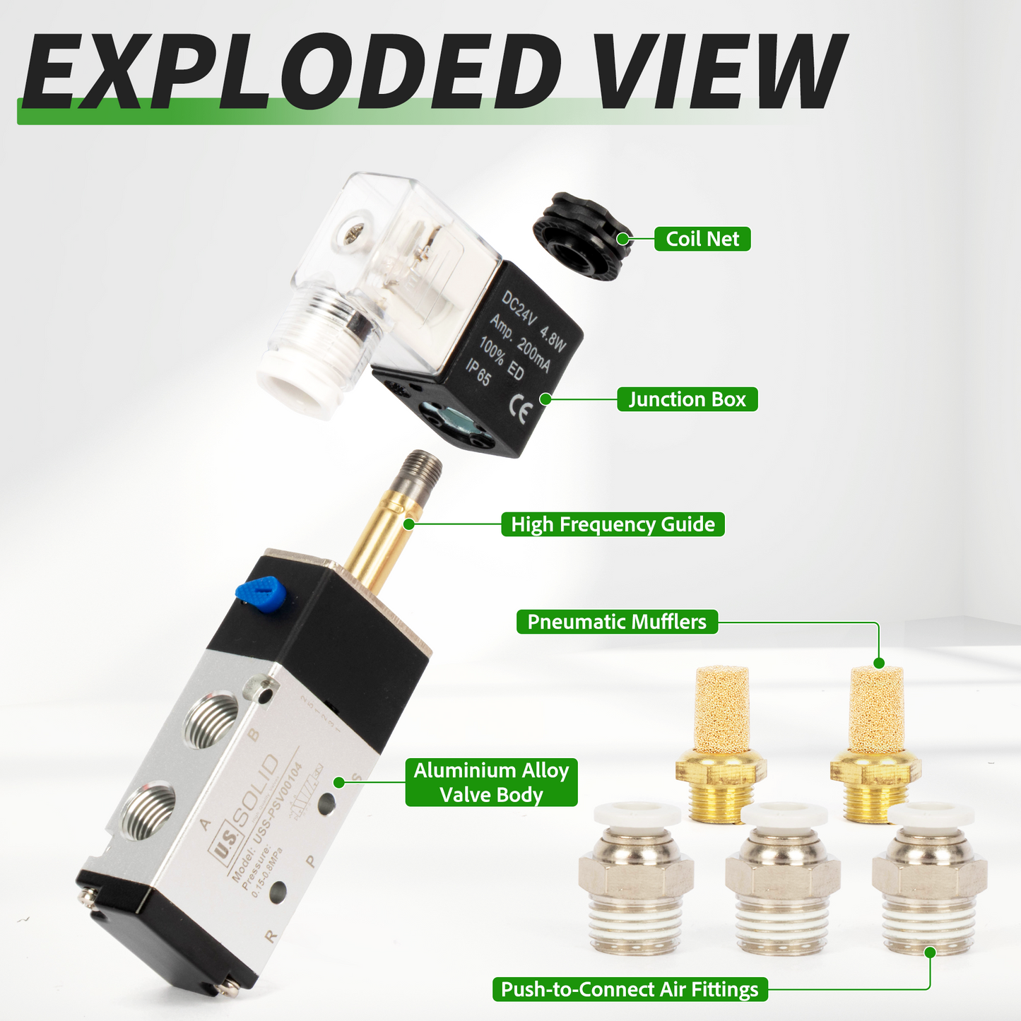 U.S. Solid 1/4인치 5방향 2위치 공압 솔레노이드 밸브, DC 24V, 상시 닫힘, 부속품 및 소음기 포함