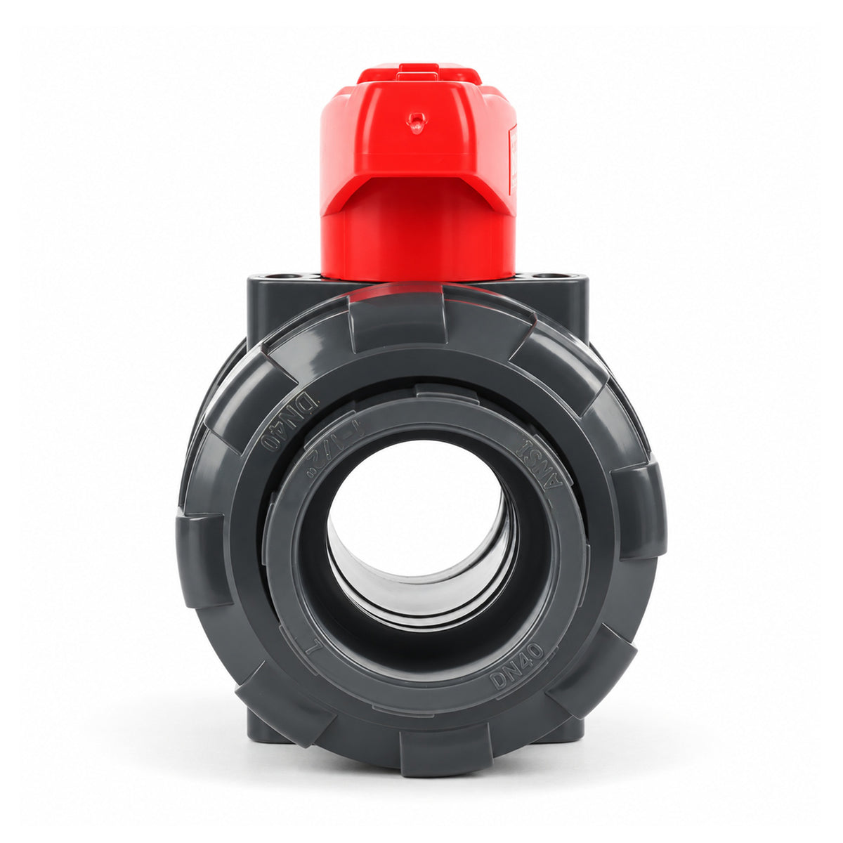 Valvola a sfera True Union in PVC da 1-1/2", passaggio totale, attacco a innesto, compatibile con Schedule 40 e 80, 150 psi, sede in PTFE, O-ring in EPDM.