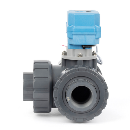 1-1/2" 3-vägs UPVC motoriserad kulventil, L-typ, 9–24V AC/DC, 2-tråds automatisk återgång, IP67 full port, normalt stängd med manuell återställning