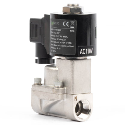 Høytemperatur magnetventil - 1/2" rustfritt stål, 725 PSI, 110V/220V AC, 302°F (150°C), normalt lukket, VITON-tetning