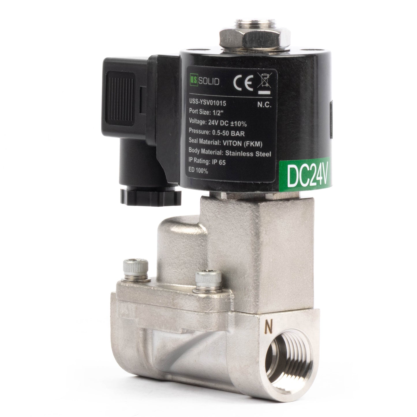 Électrovanne haute température - Acier inoxydable 1/2", 725 PSI, 24 V CC, 150 °C (302 °F), normalement fermée, joint VITON