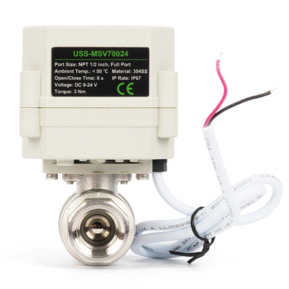1/2" Motorized Ball Valve with Timer, Auto-Return Fail Safe & Power-Off Memory, 2-Way 304SS Electric Actuator, IP67, AC/DC 9-24V