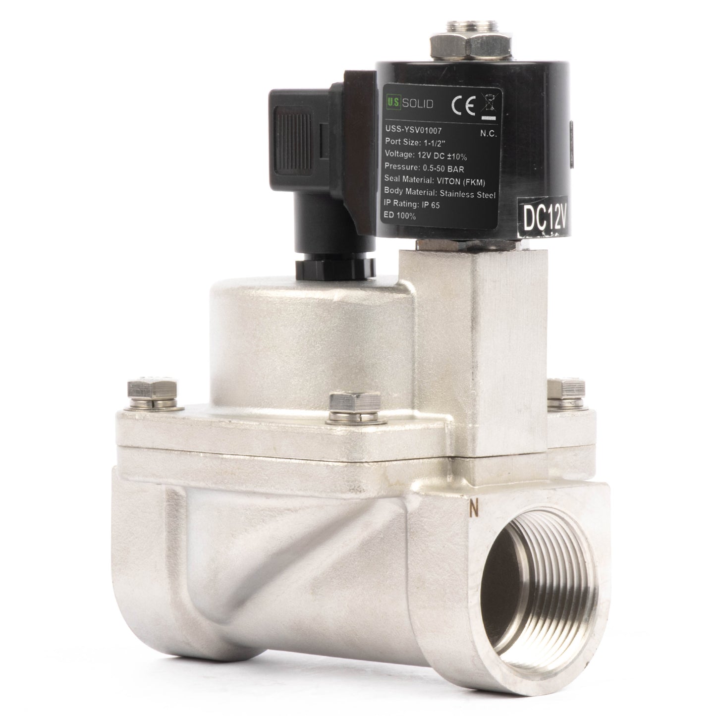 Høytemperatur magnetventil - 1-1/2" rustfritt stål, 302℉, 12V DC, normalt lukket, VITON-tetning