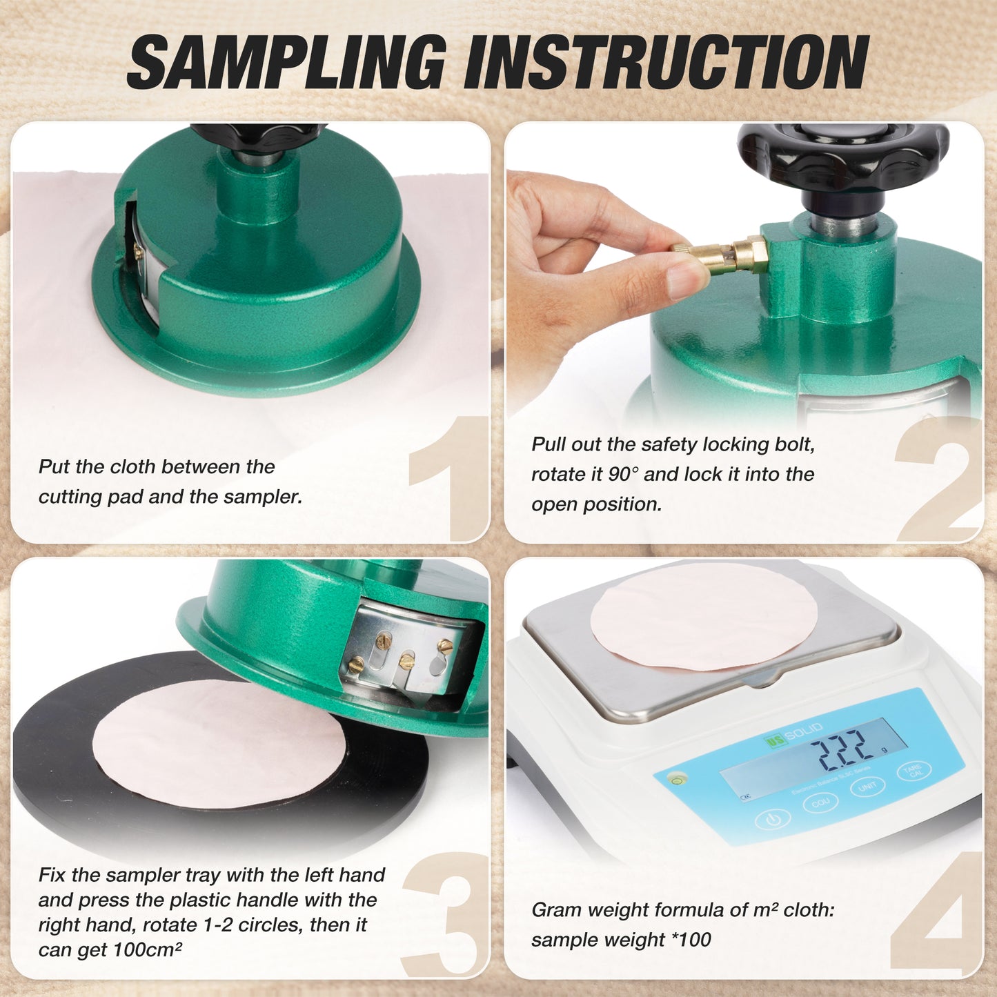 U.S. Solid 1200 g / 0.01 g Electronic Fabric GSM Scale with a 0-3mm Disc Sampler