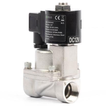 Högtemperaturmagnetventil - 3/4" rostfritt stål, 725 PSI, 12V DC, 302°F (150°C), normalt stängd, VITON-tätning