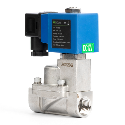 1/2" High Pressure Solenoid Valve - 0-50 bar Stainless Steel, 12V DC High-Pressure High-Temperature Solenoid Valve, 248°F, Viton Seal, Normally Closed
