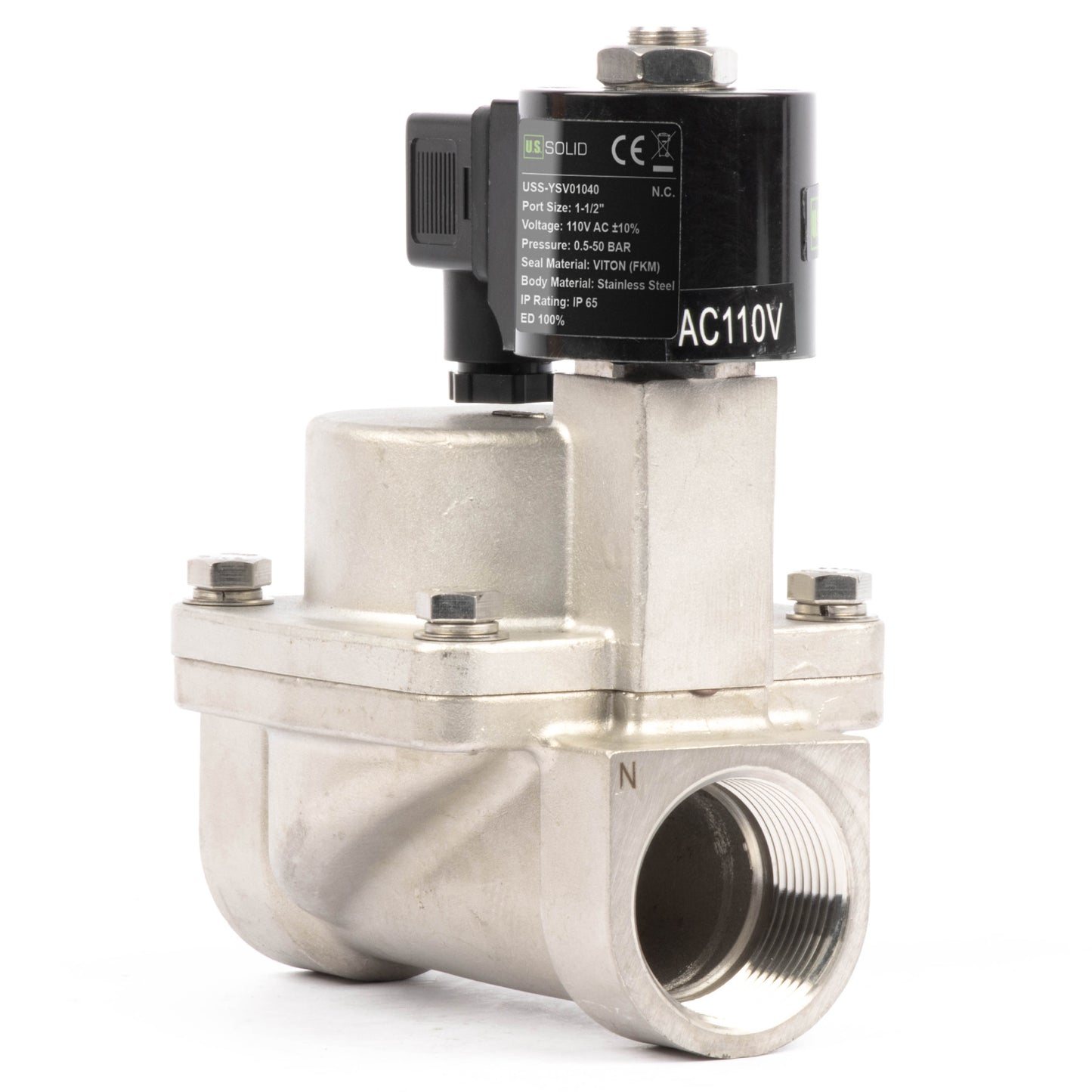 Høytemperatur magnetventil - 1-1/2" rustfritt stål, 725 PSI, 110V/220V AC, 302°F (150°C), normalt lukket, VITON-tetning