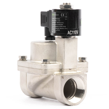 Høytemperatur magnetventil - 1-1/2" rustfritt stål, 725 PSI, 110V/220V AC, 302°F (150°C), normalt lukket, VITON-tetning
