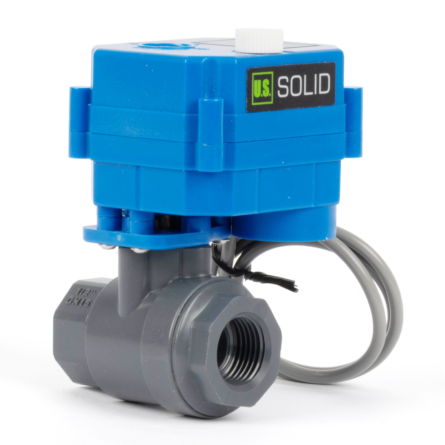 1/2" UPVC motoriseret kugleventil - 2-tråds automatisk returløb med manuel funktion, 9-36V AC/DC, normalt lukket