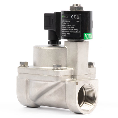 Högtemperaturmagnetventil - 1-1/4" rostfritt stål, 725 PSI, 110V/220V AC, 302°F (150°C), normalt stängd, VITON-tätning