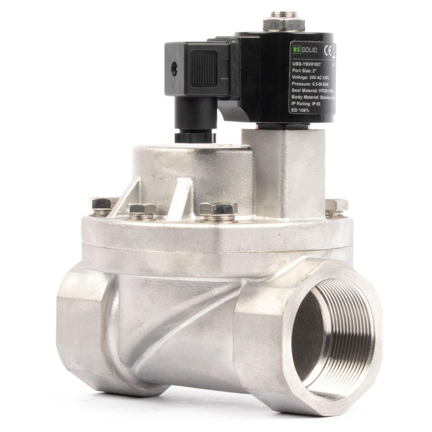 Électrovanne haute température - 50 mm (2") en acier inoxydable, 50 bar (725 PSI), 24 V CA, 150 °C (302 °F), normalement fermée, joint VITON