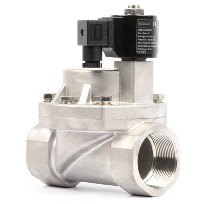 Électrovanne haute température - 50 mm (2") en acier inoxydable, 50 bar (725 PSI), 24 V CA, 150 °C (302 °F), normalement fermée, joint VITON
