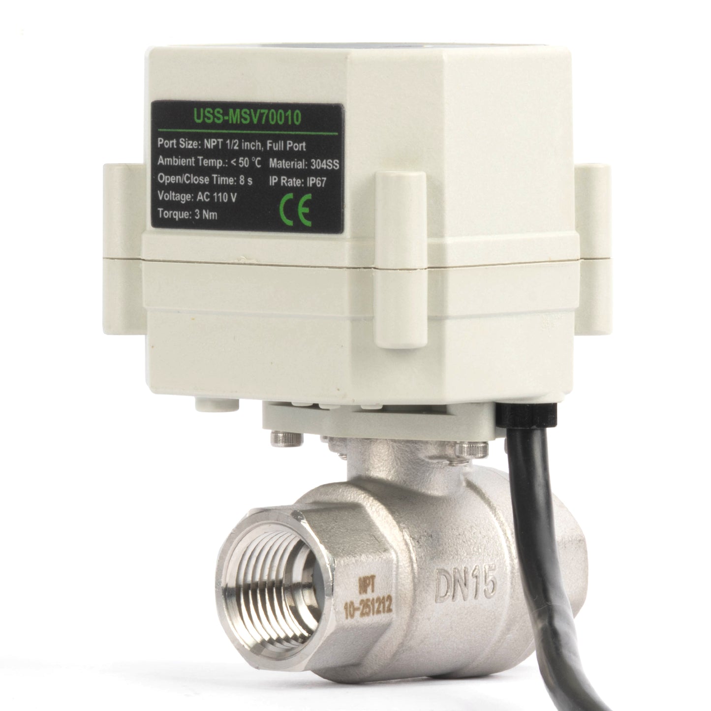 Válvula de bola motorizada de 1/2" y 2 vías con temporizador - Acero inoxidable 304. Válvula de drenaje automática con control de tiempo de 00:00 a 99:59:59, IP67, CA/CC 9–24 V.