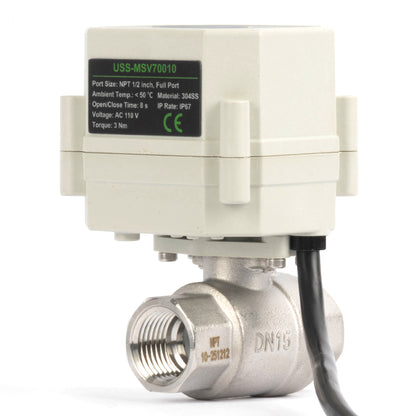 Válvula de bola motorizada de 1/2" y 2 vías con temporizador - Acero inoxidable 304. Válvula de drenaje automática con control de tiempo de 00:00 a 99:59:59, IP67, CA/CC 9–24 V.
