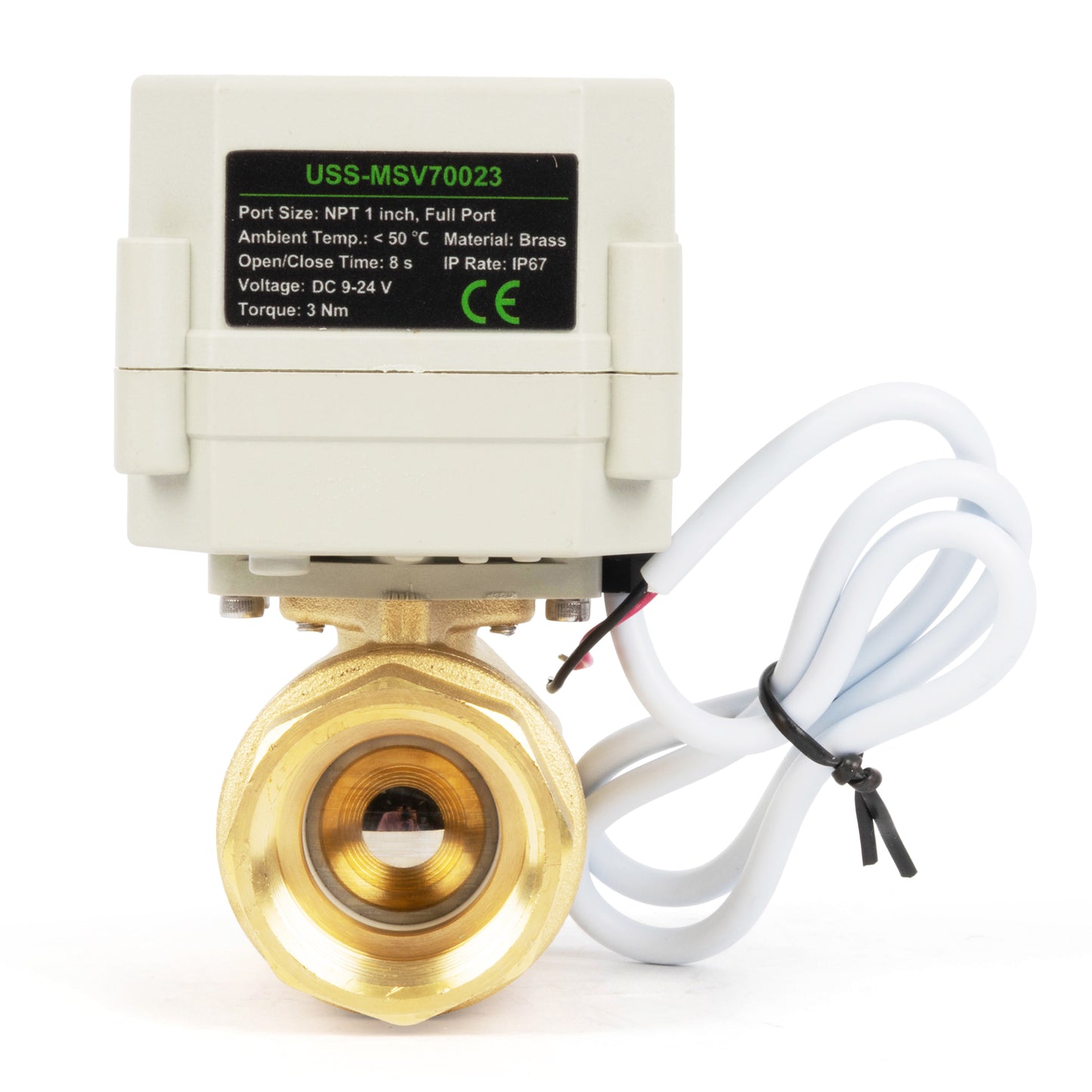 1" motorisert kuleventil med timer, automatisk retur, sikkerhetsmekanisme og minne for avstengning, 2-veis elektrisk aktuator i messing, IP67, AC/DC 9–24 V