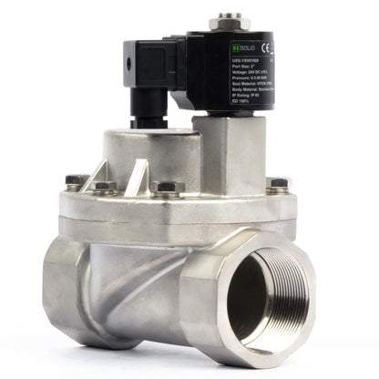 Électrovanne haute température - 50 mm (2") en acier inoxydable, 50 bar (725 PSI), 24 V CC, 150 °C (302 °F), normalement fermée, joint VITON