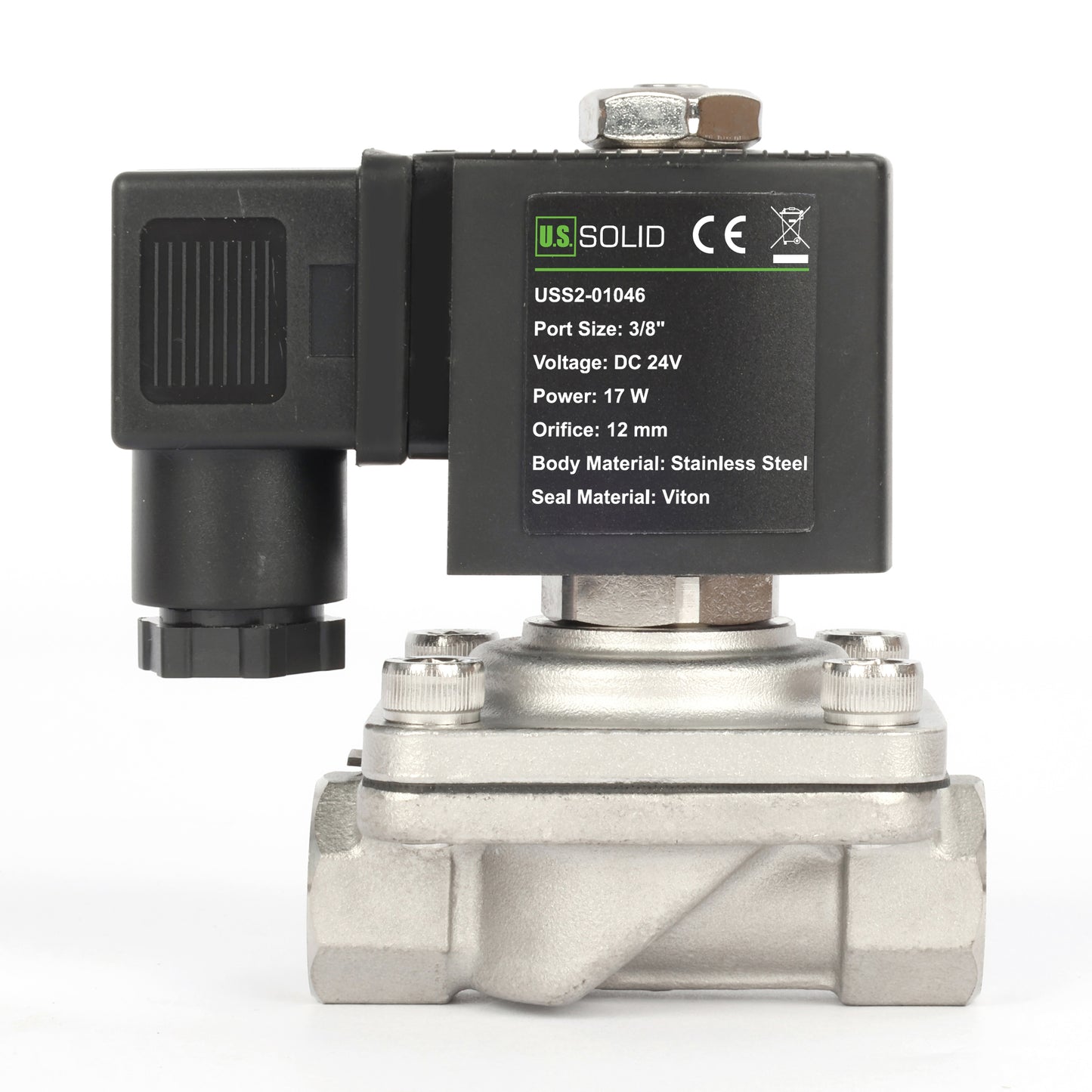 Électrovanne 3/8" - Acier inoxydable 24 V CC normalement fermée avec joint Viton, type boîte de jonction