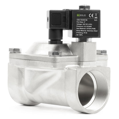 Injap Solenoid Keluli Tahan Karat 2" - 24V DC, Biasanya Tertutup, 4.4-232 PSI, Meterai VITON