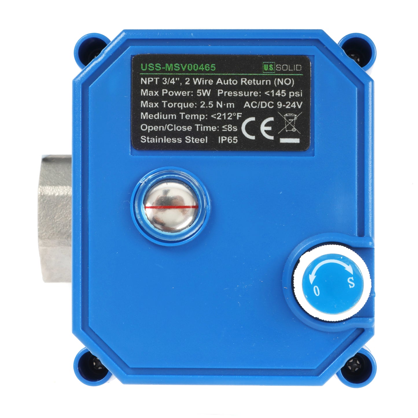 Motorized Ball Valve- 3/4" Stainless Steel Ball Valve with Manual Function, Full Port, 9-24V AC/DC and 2 Wire Auto Return Setup, Normally Open