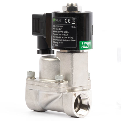 Électrovanne haute température - Acier inoxydable 3/4", 725 PSI, 24 V CA, 150 °C (302 °F), normalement fermée, joint VITON