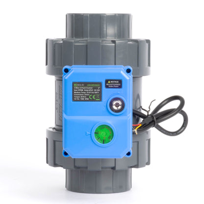 2" dobbelunion UPVC motorisert kuleventil - DC 24V, 3-leder dobbelkontroll, med manuell overstyring og EPDM-tetning
