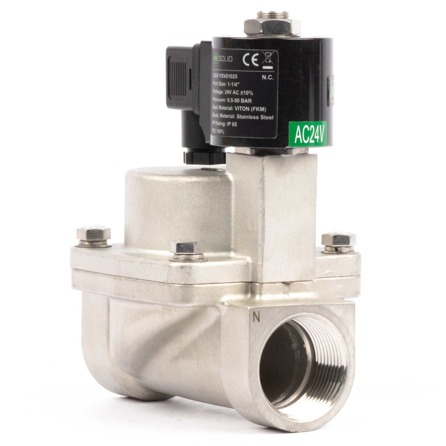 Électrovanne haute température - Acier inoxydable 1-1/4", 725 PSI, 24 V CA, 150 °C (302 °F), normalement fermée, joint VITON
