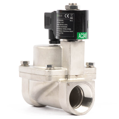 Électrovanne haute température - Acier inoxydable 1-1/4", 725 PSI, 24 V CA, 150 °C (302 °F), normalement fermée, joint VITON