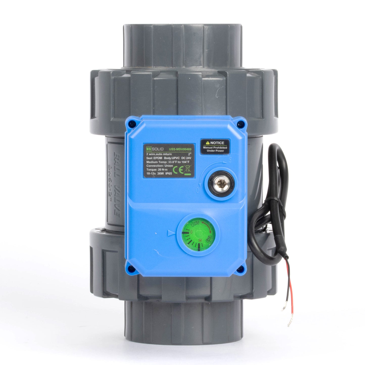 2" dobbelunion UPVC motorisert kuleventil - DC 24V, 2-leders automatisk retur, normalt lukket med manuell overstyring og EPDM-tetning