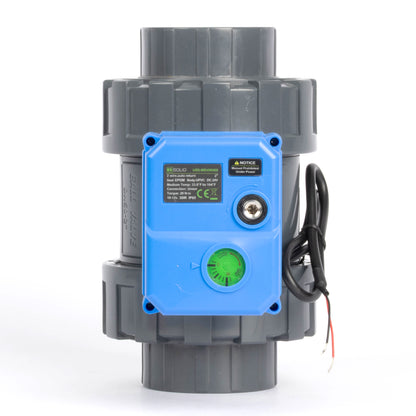 2" dobbelunion UPVC motorisert kuleventil - DC 24V, 2-leders automatisk retur, normalt lukket med manuell overstyring og EPDM-tetning
