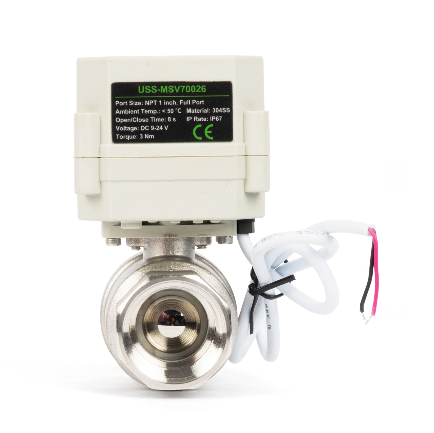 1" Motorized Ball Valve with Timer, Auto-Return Fail Safe & Power-Off Memory, 2-Way 304SS Electric Actuator, IP67, AC/DC 9-24V