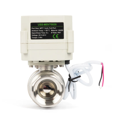 1" Motorized Ball Valve with Timer, Auto-Return Fail Safe & Power-Off Memory, 2-Way 304SS Electric Actuator, IP67, AC/DC 9-24V