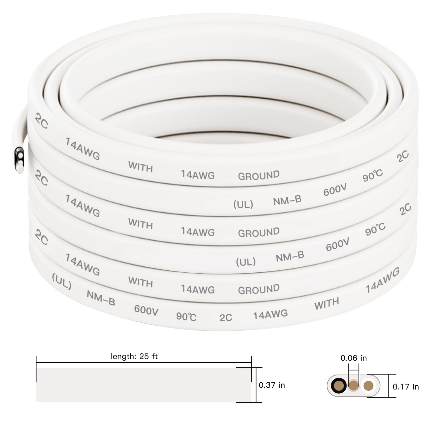 U.S. Solid 25FT 14/2 Type NM-B Copper 14AWG 2 Conductors with Ground White Residential Indoor Wire