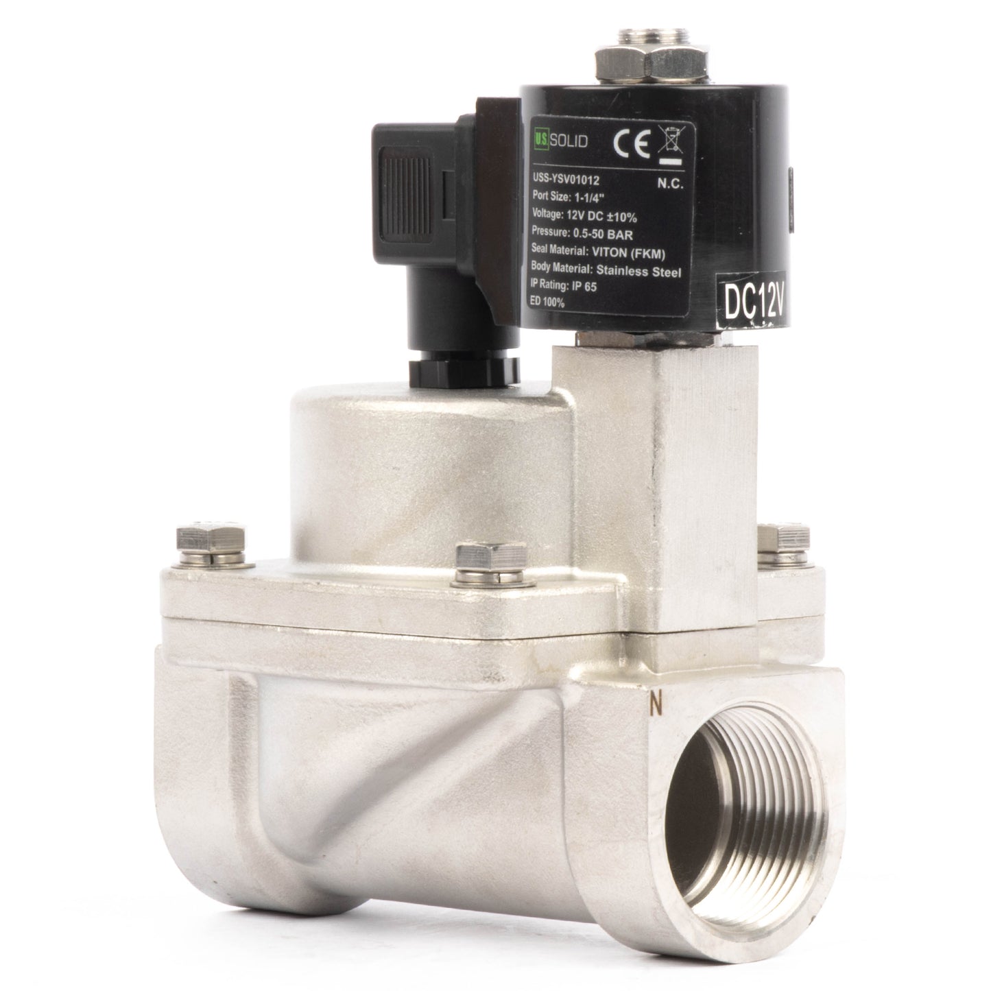 Électrovanne haute température - Acier inoxydable 1-1/4", 725 PSI, 12 V CC, 150 °C (302 °F), normalement fermée, joint VITON