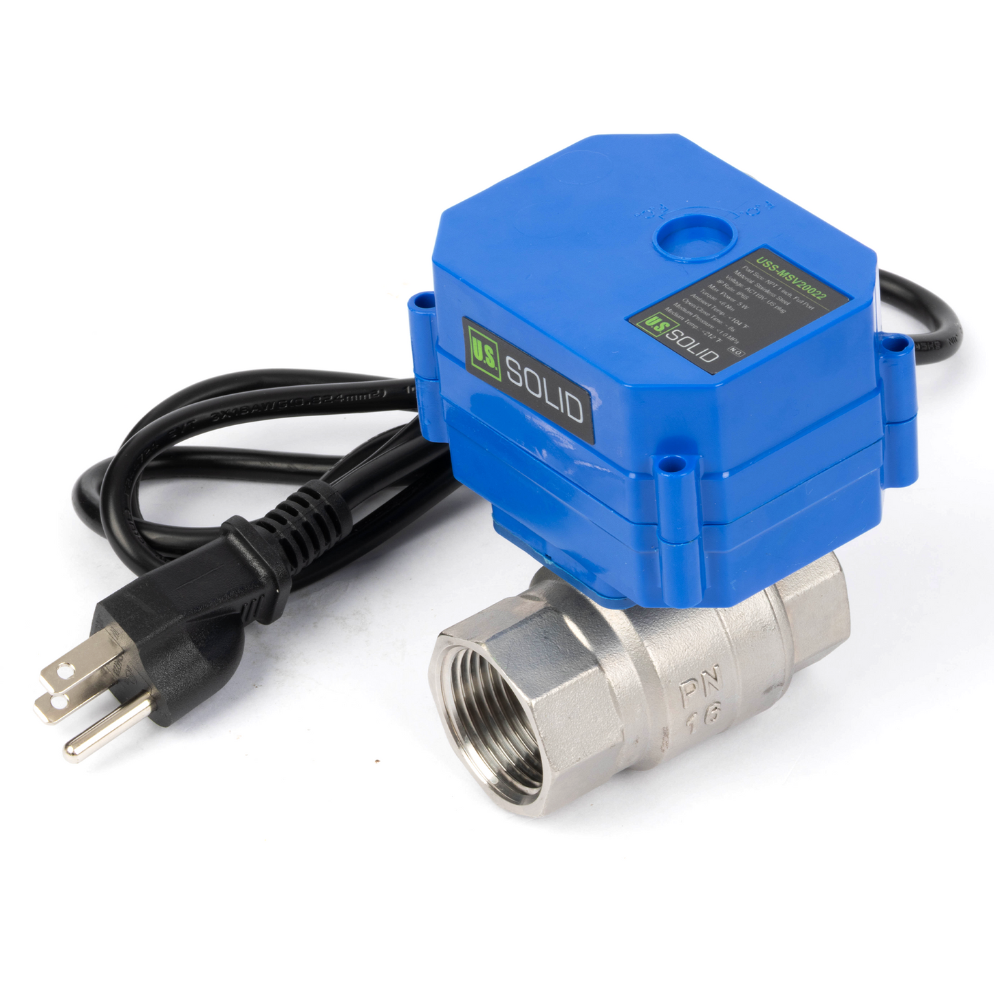 Katup Bola Bermotor 1", 110VAC, Baja Tahan Karat, Pengembalian Otomatis, Normal Tertutup, dengan Steker AS