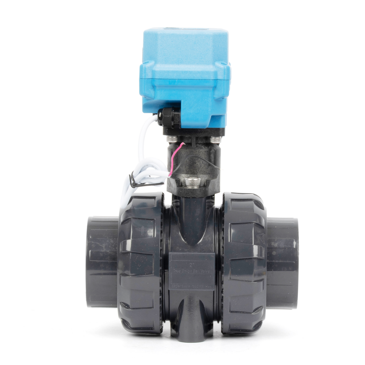 2" UPVC Motorized Ball Valve, Full Port, 9–24V AC/DC, 2-Wire Auto Return, IP67, Normally Closed with Manual Reset