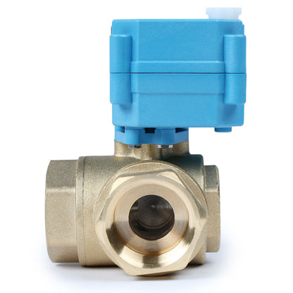 U.S. Solid 1" 3 Way Brass Motorized Ball Valve, 9-24V AC/DC, L Type, Standard Port, with Manual Function, IP67