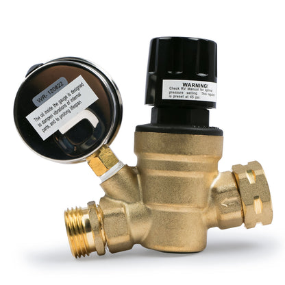 U.S. Solid Water Regulator Valve- 3/4" NH Brass Thread RV Pressure Regulator with Pressure Gauge and Water Filter