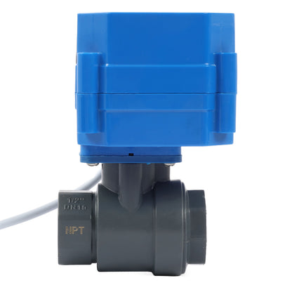 1/2" UPVC Motorized Ball Valve - 9-36V AC/DC Plastic Electrical Ball Valve with Standard Port, 2 Wire Auto Return, Normally Closed