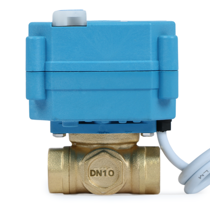 U.S. Solid 3/8" 3 Way Brass Motorized Ball Valve, 9-24V AC/DC, L Type, Standard Port, with Manual Function, IP67