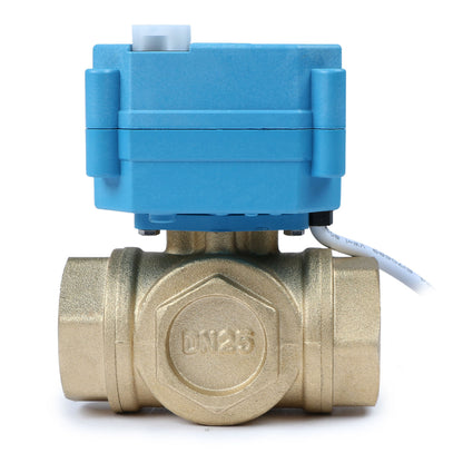 U.S. Solid 1" 3 Way Brass Motorized Ball Valve, AC110-230V, L Type, Standard Port, with Manual Function, IP67