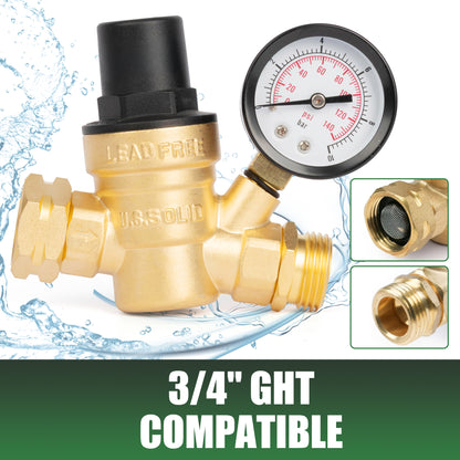 3/4" GHT RV Water Pressure Regulator - Screwdriver Adjustable, Brass, with Gauge & Inlet Filter