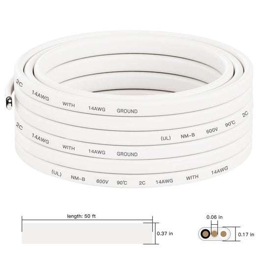 Cable residencial interior blanco sólido de cobre tipo NM-B de 14/2, calibre 14 AWG, 2 conductores con conexión a tierra, de 50 pies (EE. UU.) 